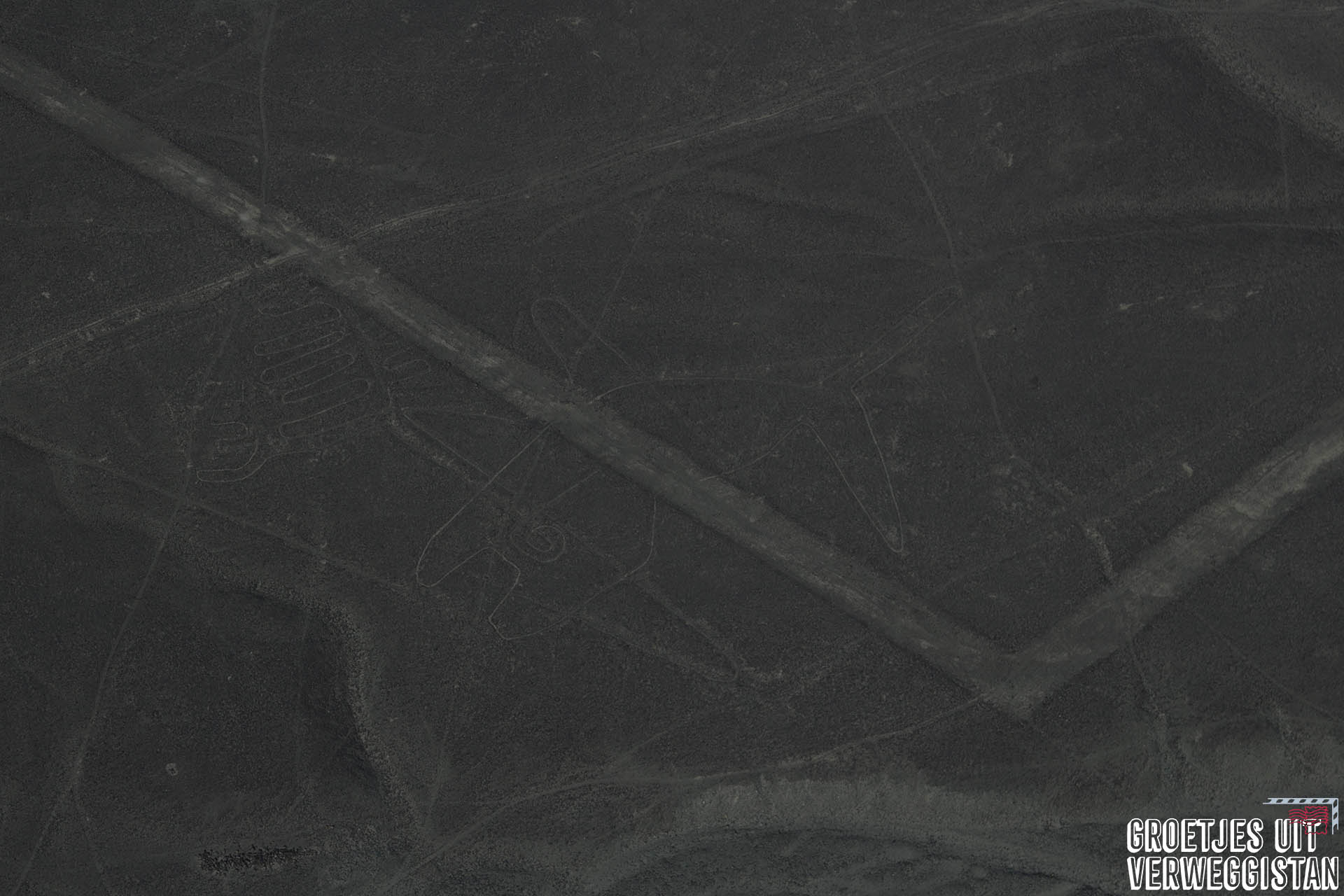 De walvis vorm in Nazca: donkere foto, dus wat lastig te zien.