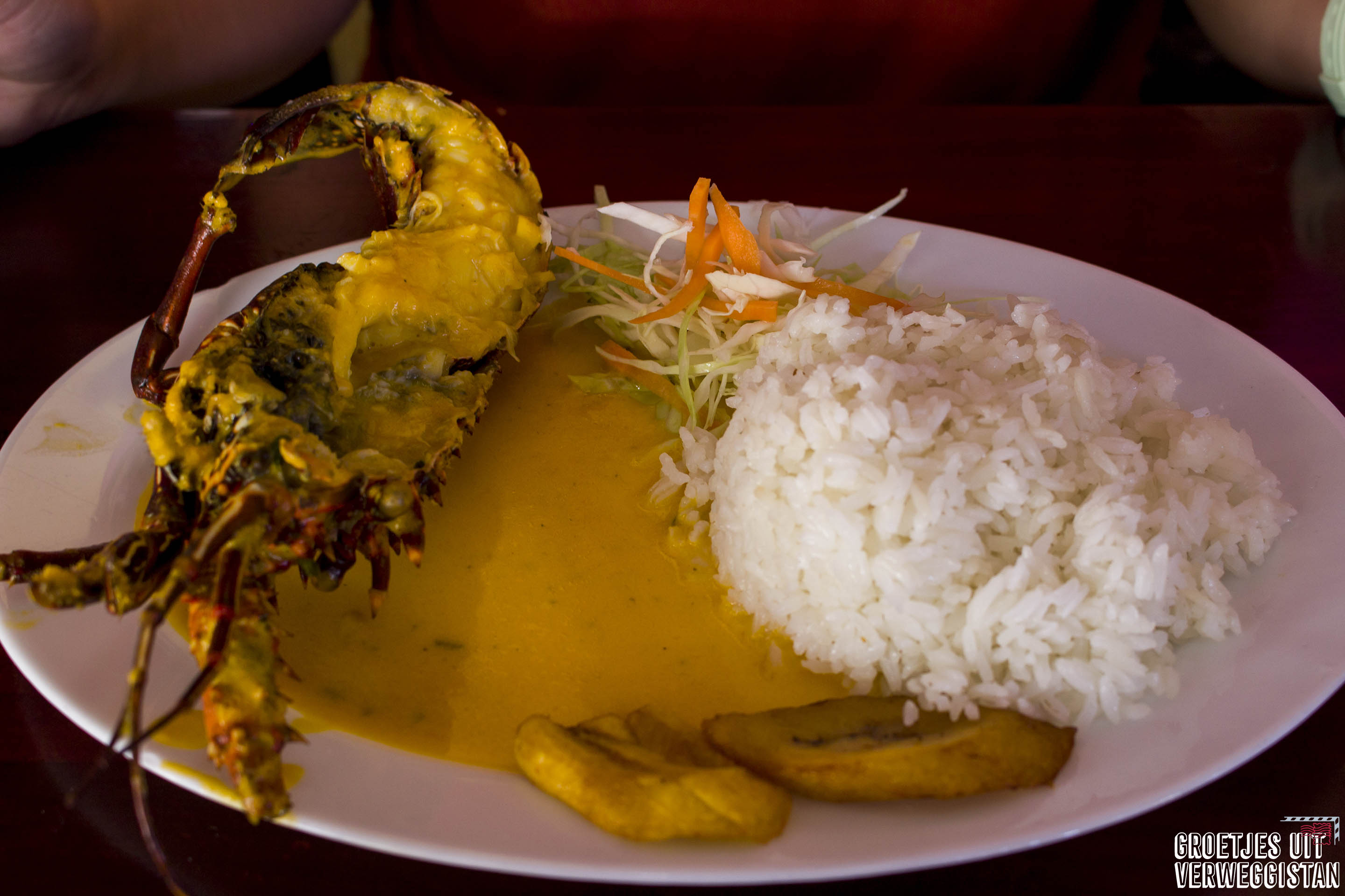 Een kreeft in gele saus met rijst: goedkoop eten op Santa Cruz op Charles Binford.