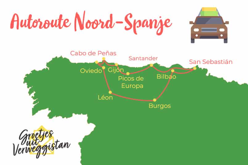 Kaartje van een route door Noord-Spanje voor een autovakantie noord Spanje door Groetjes uit Verweggistan