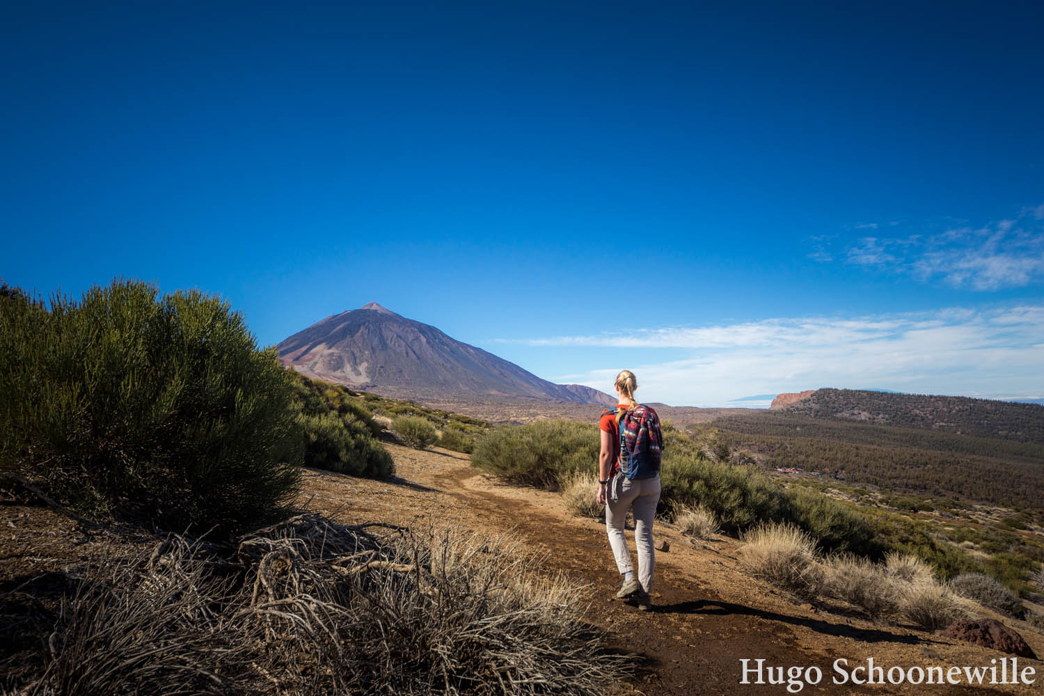 Meisje wandelt door National Park El Teide op Tenerife, met op achtergrond vulkaan El Teide.