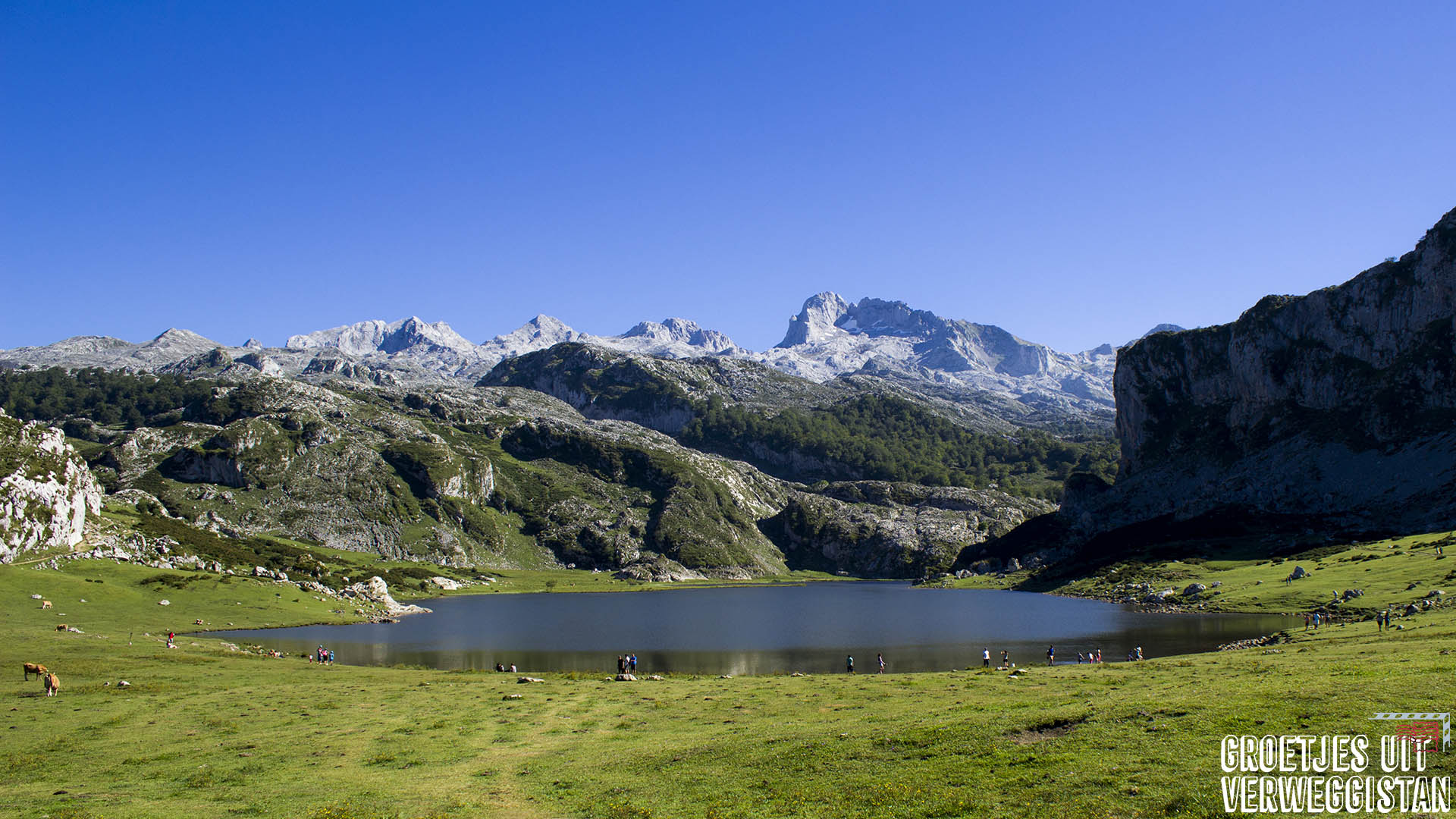 Prachtig uitzicht over Lagos de Covadonga in Picos de Europa in Spanje: meer met bergen.