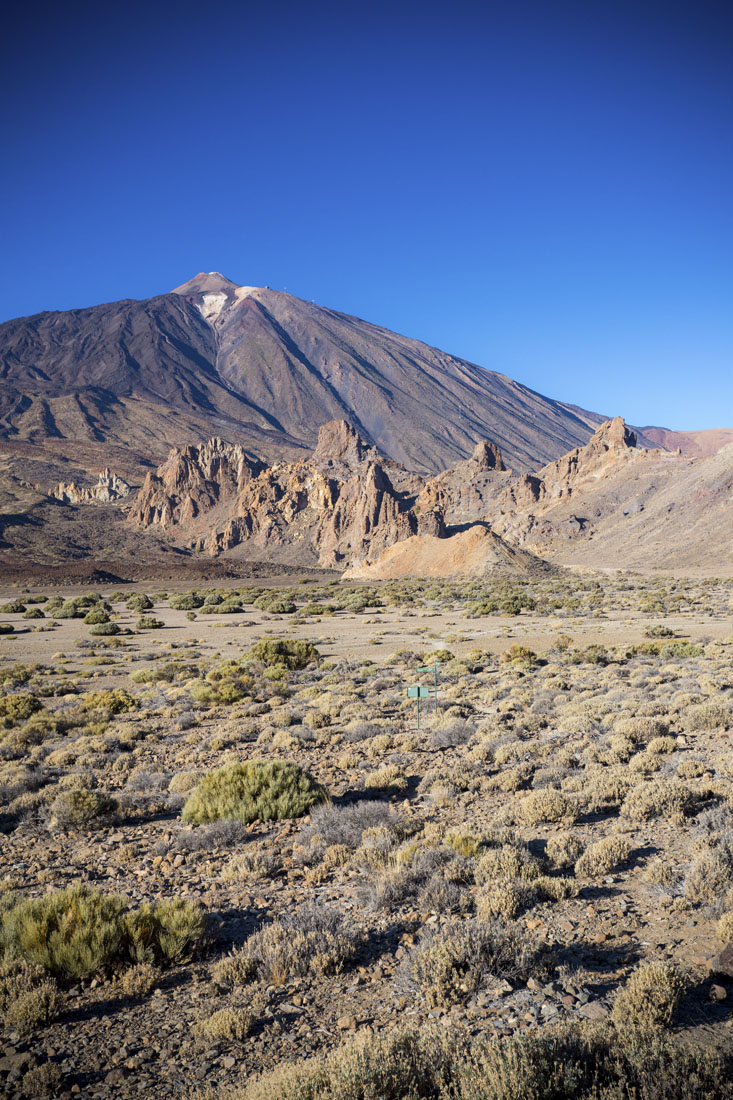 Uitzicht op vulkaan El Teide met ervoor een vulkanisch landschap.