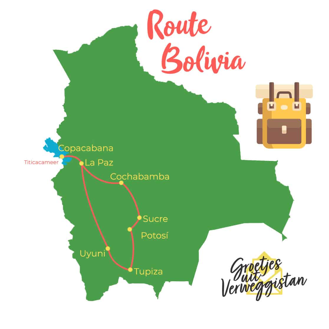 Kaartje met een reisroute door Bolivia erop getekend geadviseerd door Groetjes uit Verweggistan