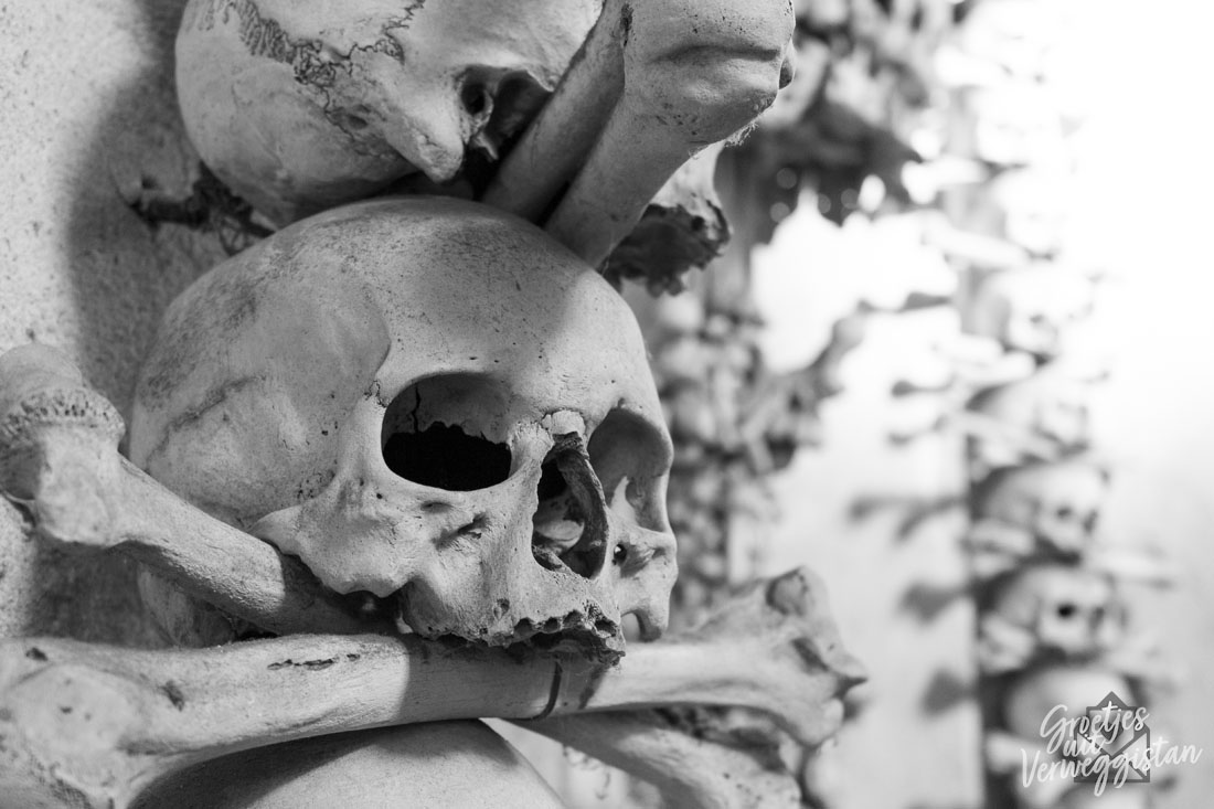 Schedels in het ossuarium van Sedlec in Kutna hora