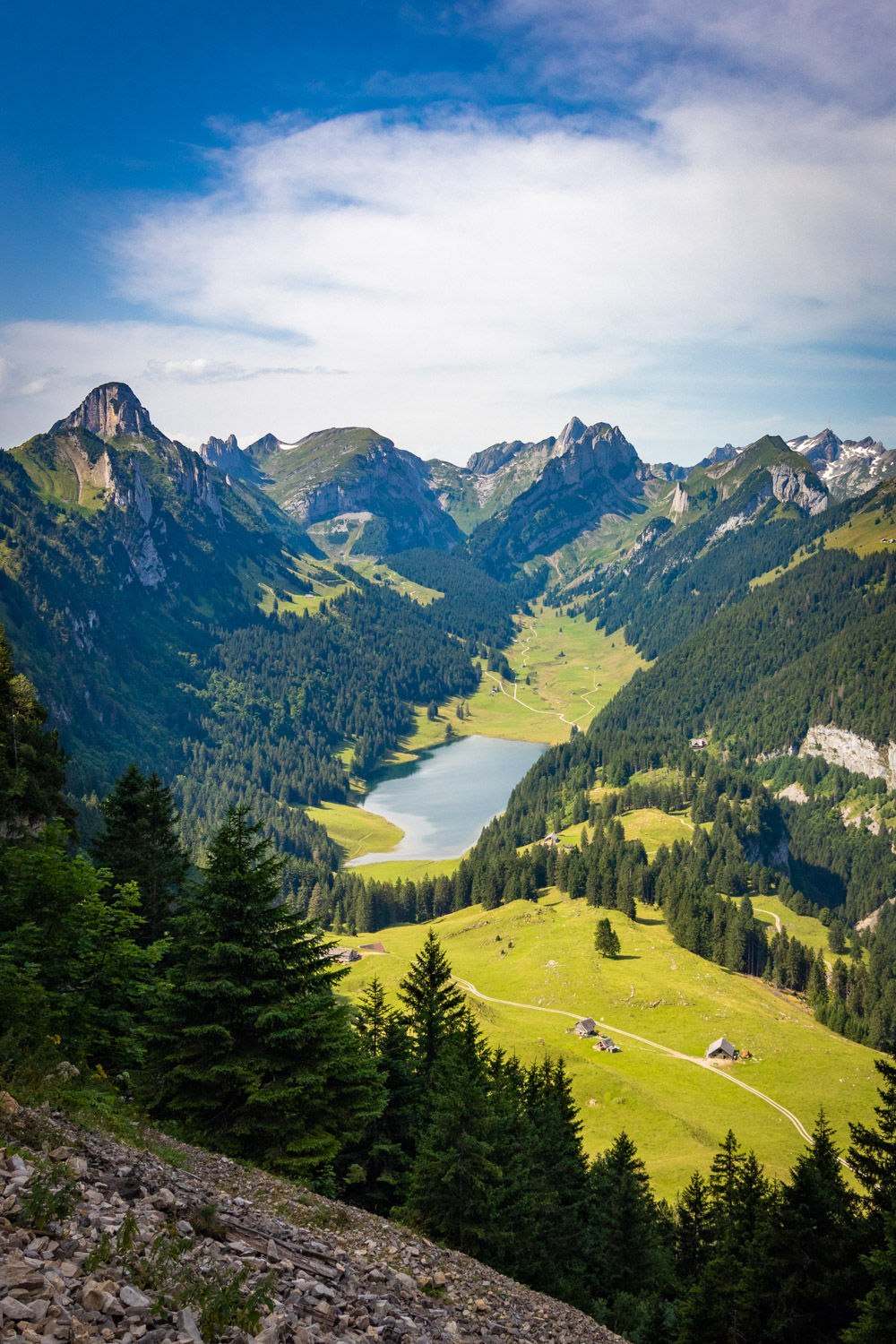 Een meer tussen de bergen en bergweides in Hohen Kasten in Zwitserland