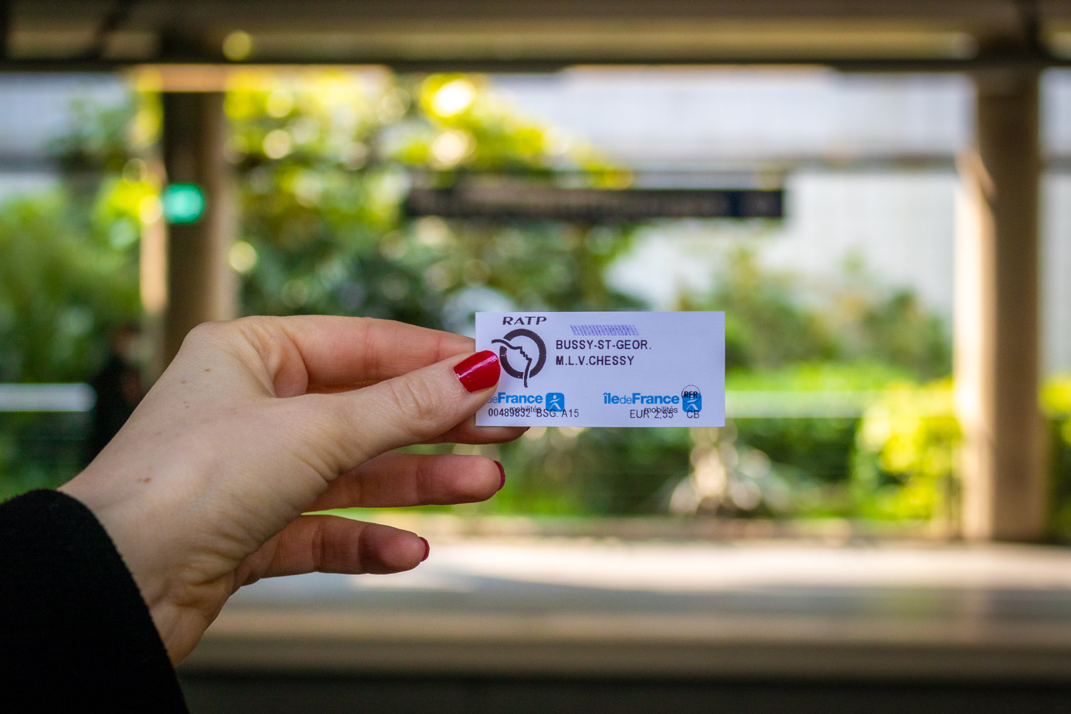 Ticket voor de trein RER van Parijs naar Disneyland Parijs omhooggehouden