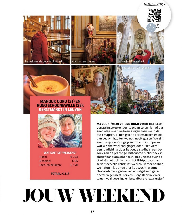 Pagina uit ANWB-tijdschrift Kampioen in rubriek Mijn Weekend Jouw Weekend met een interview met Manouk van Groetjes uit Verweggistan over de kerstmarkt in Leuven