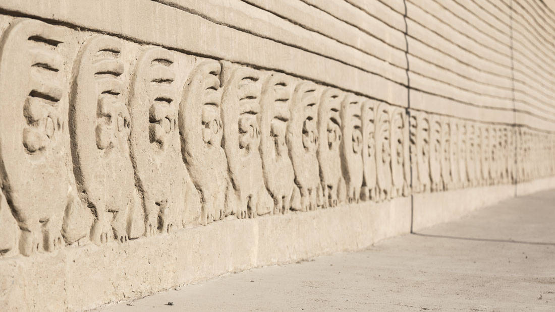 Tekeningen van dieren met een omhaagstaande staart in een muur die gemaakt is van leem of zand in Chan Chan, de lemen stad bij Trujillo in Peru