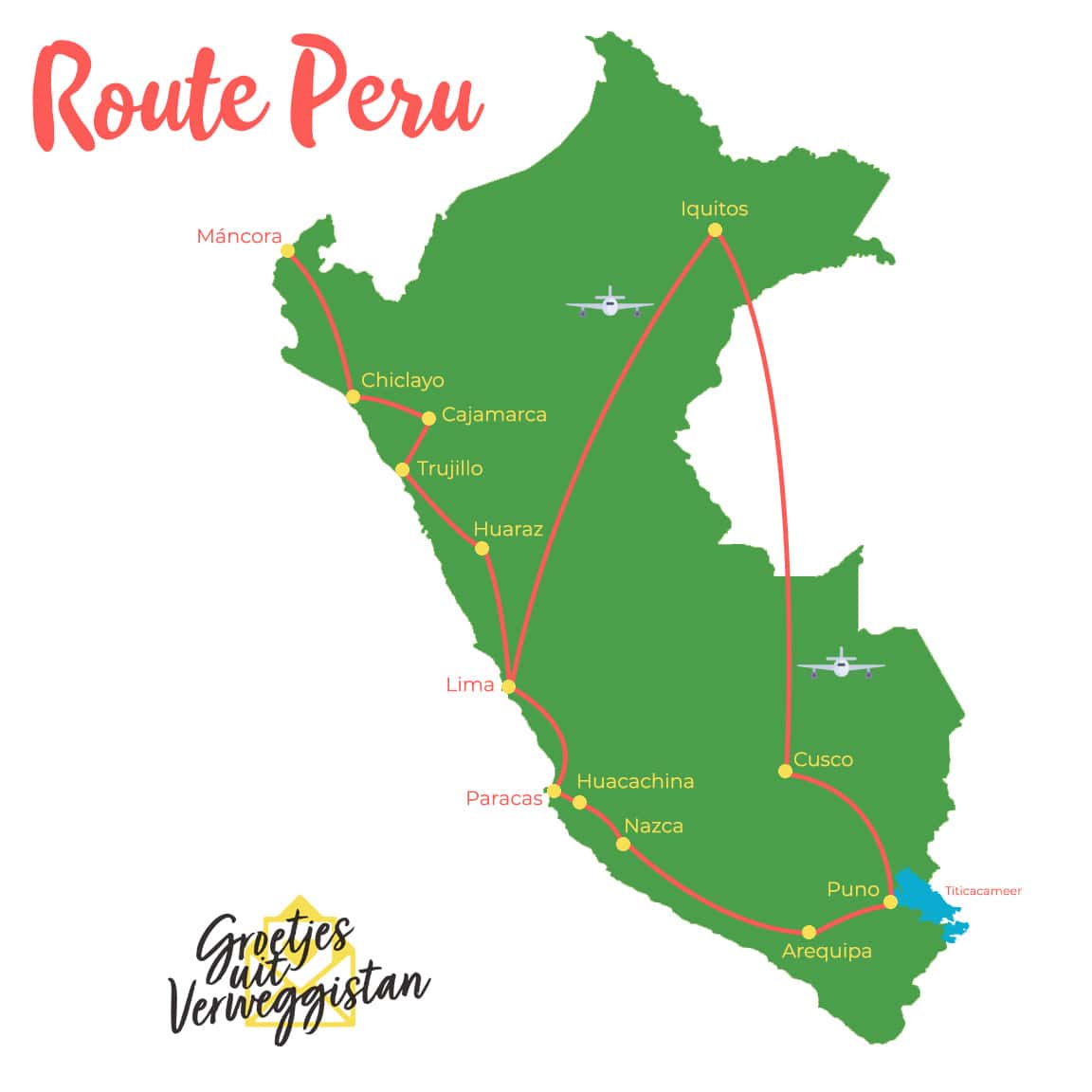 Kaart van Peru met daarop een handige route Peru langs de bekende bezienswaardigheden