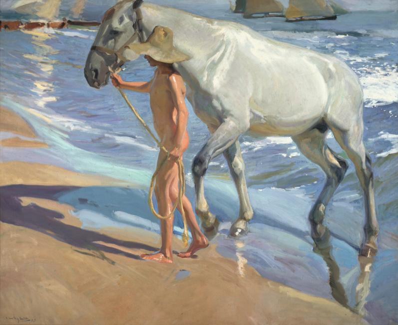 Schilderij El baño del caballo of Washing the horse van Sorolla met een jongen die een wit paard de zee uit leidt